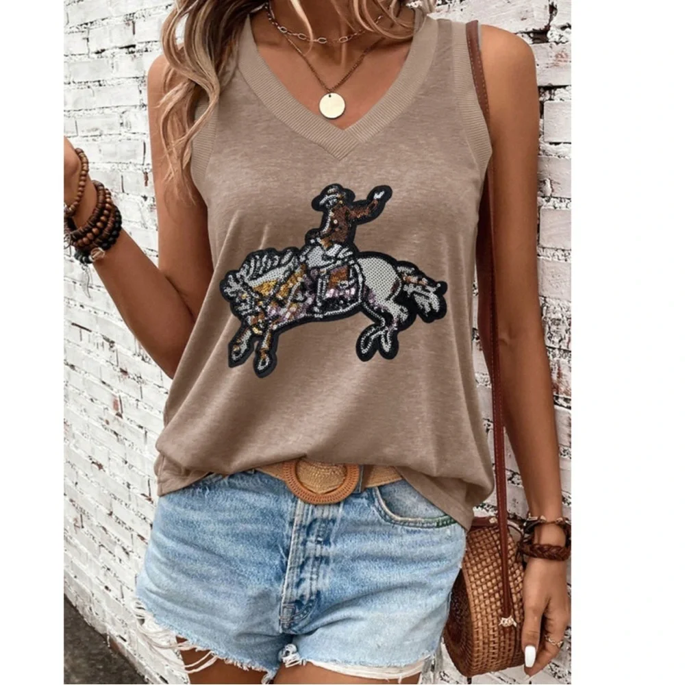 Taupe Western Sleeveless Top with Embellished Sequin Cowboy Design - Picture 1 of 5